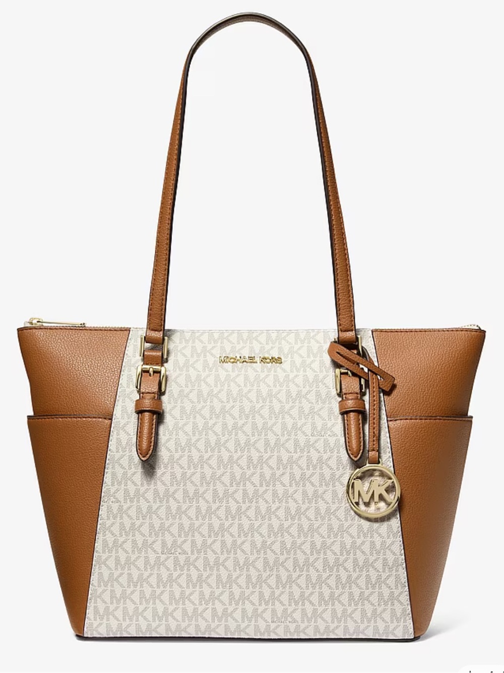 MICHEAL KORS CHARLOTTE LARGE LOGO AND LEATHER TOP ZIP TOTE BAG